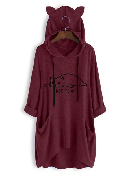 Milanoo Women Oversized Hoodie Burgundy 3/4 Length Sleeves Animal Print Lace Up Pockets Long Sweatsh