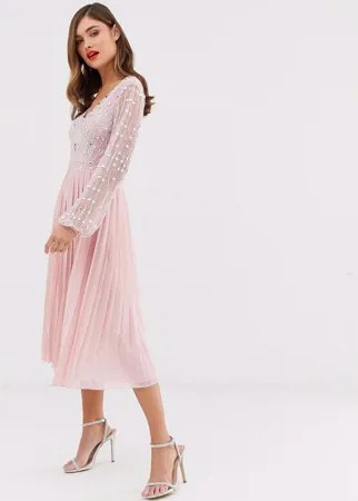 Плиссированное платье миди с длинными рукавами и отделкой на лифе Frock & Frill-Розовый