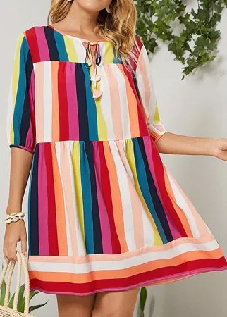Круглый вырез с круглым вырезом и принтом в многоцветную полоску до середины рукава Женское Платье