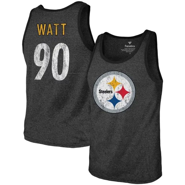 Мужские нитки Majestic T.J. Черная майка Watt Heathered Pittsburgh Steelers с названием и номером из трехслойной смеси