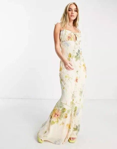 Кремово-белое платье макси Hope & Ivy с цветочным принтом и рюшами на груди