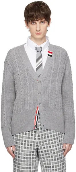 Серый вязаный кардиган косой вязки Thom Browne