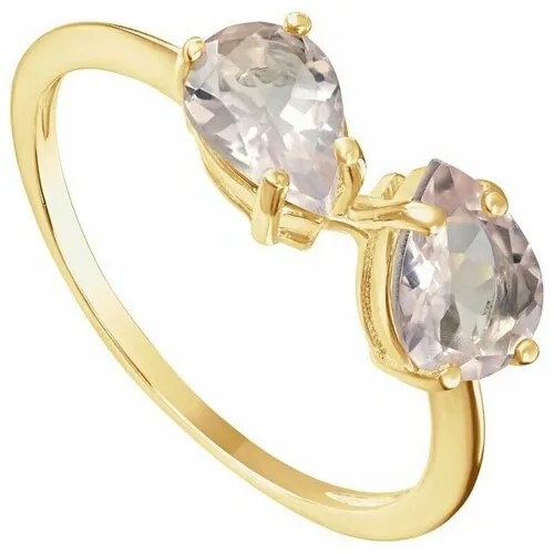 Серебряное кольцо с натуральным розовым кварцем - коллекция Дуэт / покрытие Желтое Золото (размер 19)