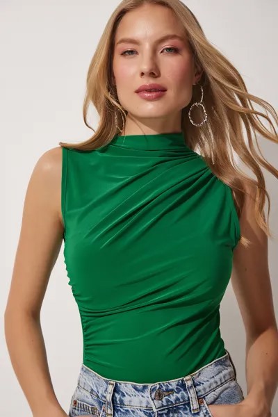 Вязаная блузка песочного цвета без рукавов со сборками Happiness İstanbul, зеленый