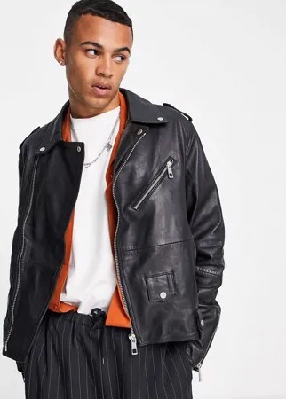 Укороченная кожаная куртка черного цвета в байкерском стиле ASOS DESIGN-Черный цвет