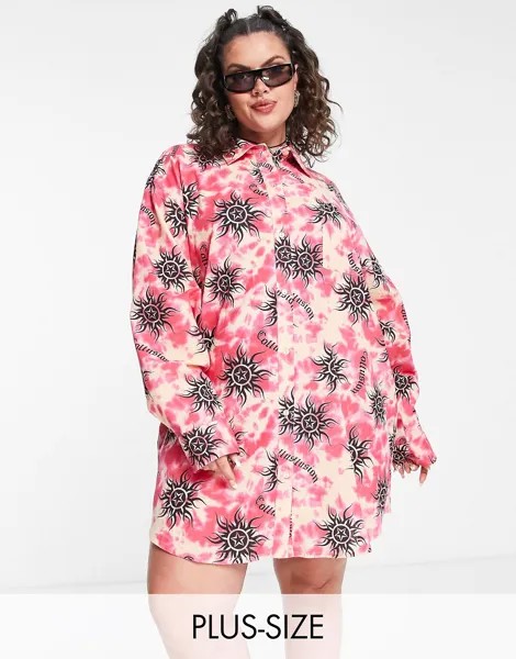 Розовое платье-рубашка с солнцезащитным принтом COLLUSION Plus с принтом тай-дай