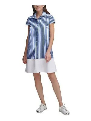 DKNY Женское синее эластичное платье-рубашка с короткими рукавами и воротником выше колена 6