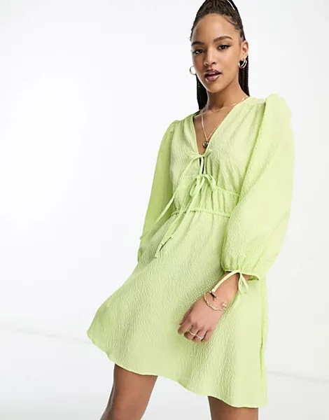 Зеленое лаймовое платье мини с завязками на рукавах Nothing's Child Margot
