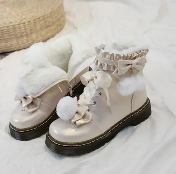 Винтажные теплые женские ботинки-мартинсы с квадратным носком, кружевные, с оборками, обувь kawaii loli, зимняя японская Милая обувь для Лолиты