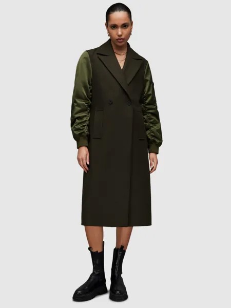 Двубортное пальто Paulah из смесовой шерсти AllSaints, хаки зеленый