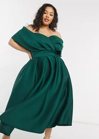 Изумрудно-зеленое платье миди для выпускного с запахом и открытыми плечами True Violet Plus-Зеленый цвет