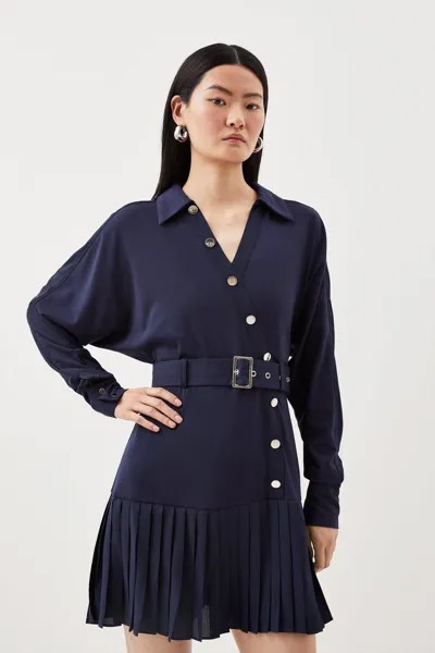 Мини-платье со складками из джерси и жоржетта с поясом Karen Millen, темно-синий