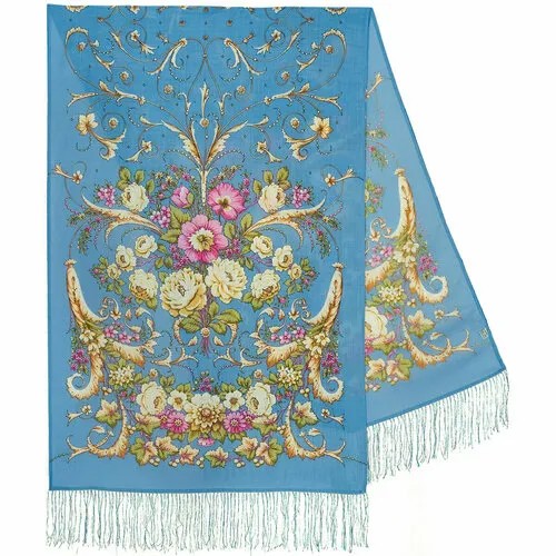 Палантин Павловопосадская платочная мануфактура,200х70 см, голубой, розовый