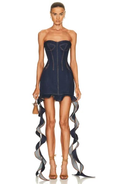 Платье David Koma Side Ruffle Strapless Denim, синий