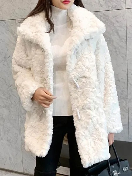 Milanoo Faux Fur Coats For Women White Turndown Collar Long Sleeves Buttons Long Winter Coat