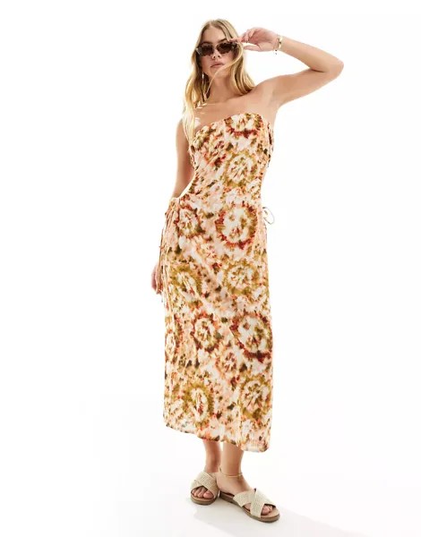 Платье миди Asos Design Linen Bandeau With Ruched Cut Out Detail, мультиколор