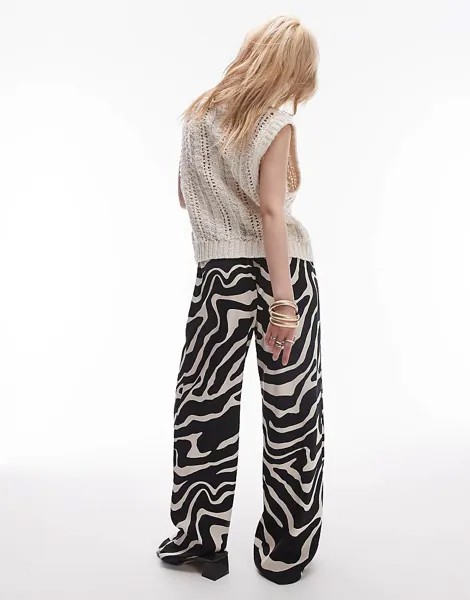 Атласные брюки прямого кроя Topshop Petite – Black & White с зебровым принтом