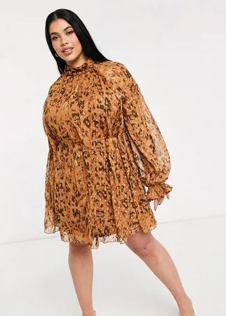 Шифоновое платье мини с жаккардовым узором, высоким воротником, завязкой и леопардовым принтом ASOS DESIGN Curve-Многоцветный