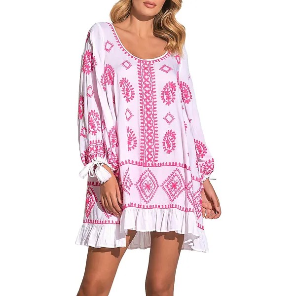 Женское мини-платье с круглым вырезом Elan, цвет White Pink Embroidery