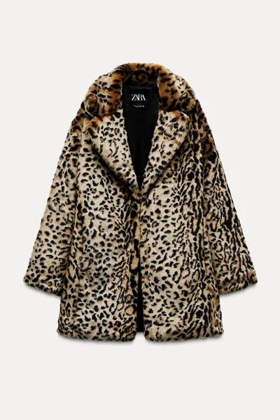 Пальто из искусственного меха с животным принтом ZARA, цвет leopard