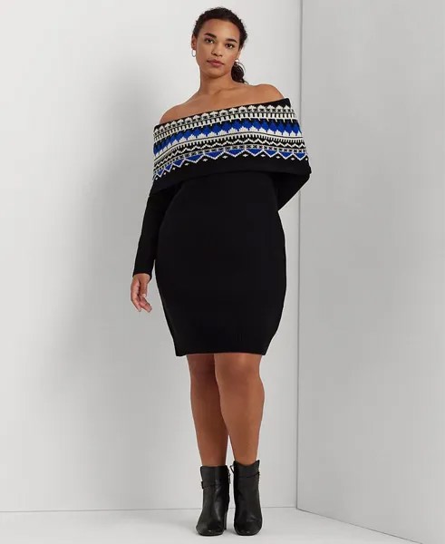 Платье-свитер с открытыми плечами больших размеров с жаккардовым узором Lauren Ralph Lauren, черный