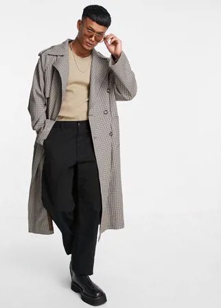 Удлиненный двубортный тренч в стиле oversized в клетку ASOS DESIGN-Коричневый цвет