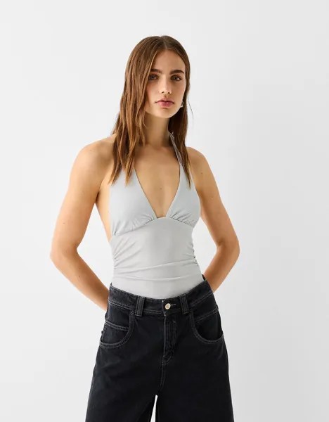 Боди с бретелью через шею Bershka, серебряный