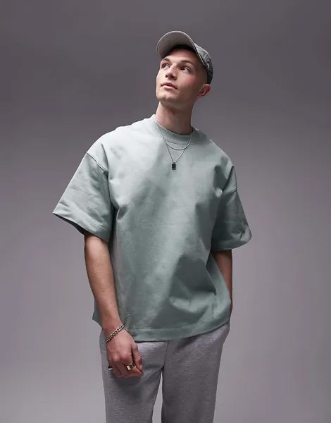 Супертяжелая футболка премиум-класса Topman шалфейно-зеленого цвета, свободного кроя и заниженной линией плеч, плотность 370 г/м²