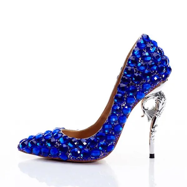Bling голубых бриллиантов свадебные туфли женские туфли-лодочки серебристого цвета с формой гиппокампа, каблуки женские полные стразы слипон...