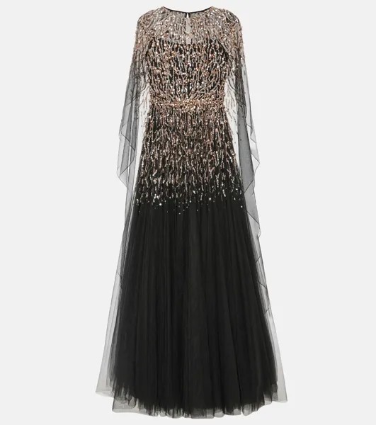 Тюлевое платье Ursula с накидкой и декором Jenny Packham, черный