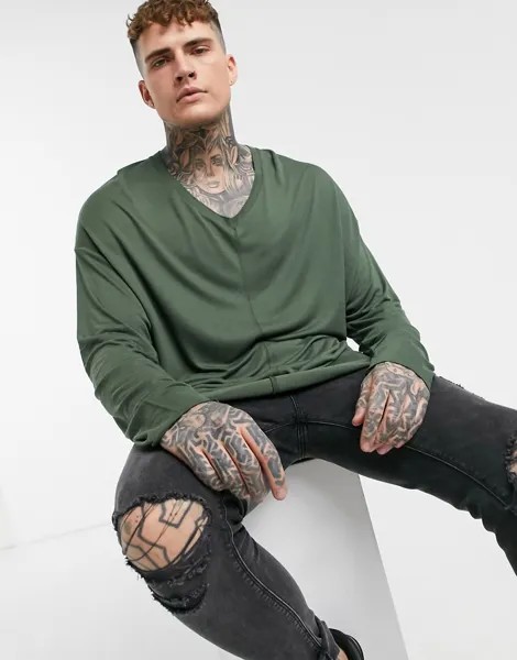 Зеленая oversized-футболка из вискозы с V-образным вырезом с длинным рукавом ASOS DESIGN-Зеленый