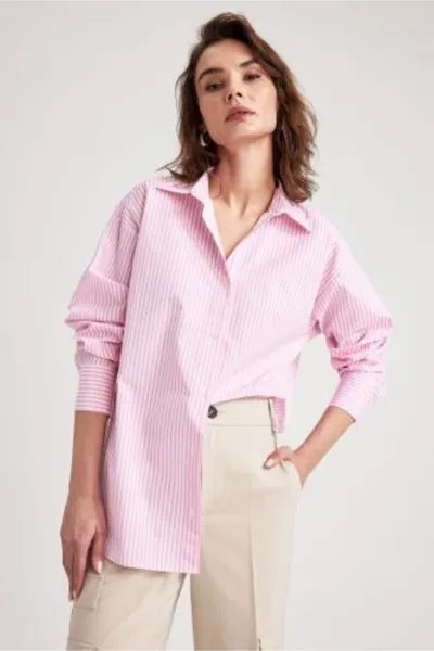 Рубашка оверсайз из поплина в полоску с длинными рукавами из 100% хлопка DeFacto, розовый