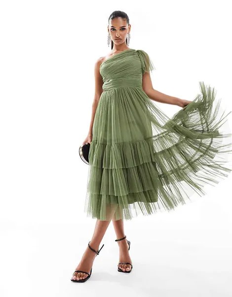 Мягкое оливковое платье миди на одно плечо из тюля Lace & Beads Bridesmaid Madison