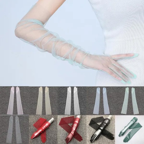 Женская фотография Чистое кружевание Ультра тонкий локоть длинный полный палец платье перчатки прозрачные