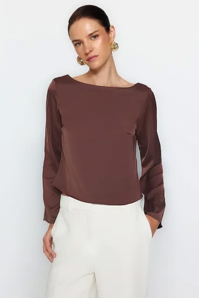 Атласная блузка с открытой спиной Trendyol, коричневый