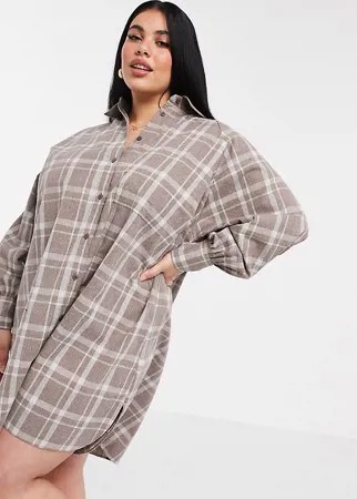 Платье-рубашка бойфренда мини в стиле oversized в бежевую клетку ASOS DESIGN Curve-Многоцветный