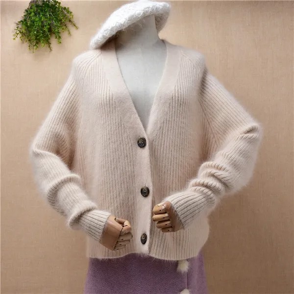 Женский модный пушистый кашемировый вязаный кардиган с V-образным вырезом и длинными рукавами, зимняя куртка из ангоры, пальто, свитер