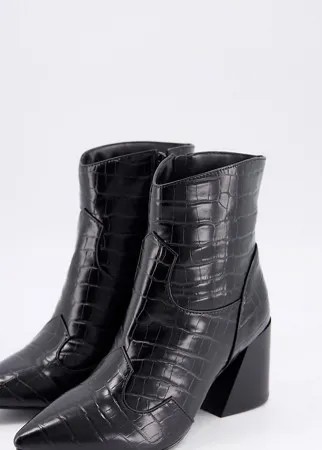 Черные ботильоны на каблуке с крокодиловым принтом для очень широкой стопы Simply Be-Черный цвет
