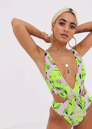 Слитный купальник с лиственным принтом и завязкой на талии ASOS DESIGN petite-Многоцветный