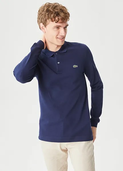 Мужская приталенная футболка-поло с длинным рукавом темно-синего цвета Lacoste