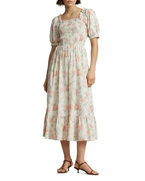 Хлопковое присборенное платье миди Ralph Lauren