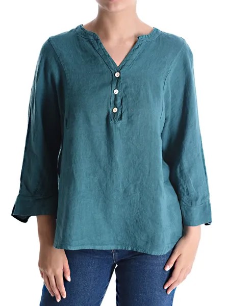 Льняная блуза на пуговицах, рукав 3/4 с v-образным вырезом, сине-зеленый