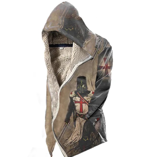 Мужская флисовая куртка Vintage Templar с капюшоном и крестом