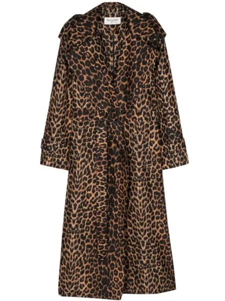 Saint Laurent шелковый тренч с леопардовым принтом, коричневый