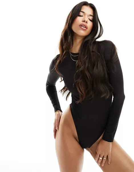 Черное гладкое боди с длинными рукавами ASOS All Day