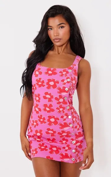 PrettyLittleThing Розовое джинсовое платье с пуговицами и цветочным принтом
