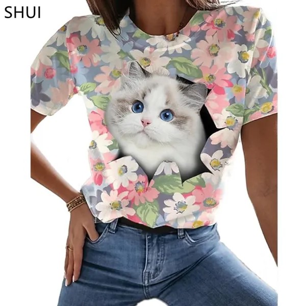 Animal Forest Cat 3D-печать Круглый шея Футболка Женщины Веселье Короткий рукав Топ Летний пуловер Ретро Стиль Мода Повседневный