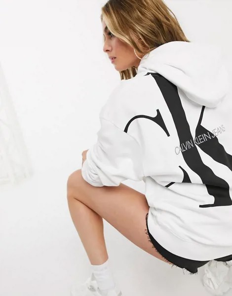 Белый oversized-худи с вышитым логотипом Calvin Klein Jeans