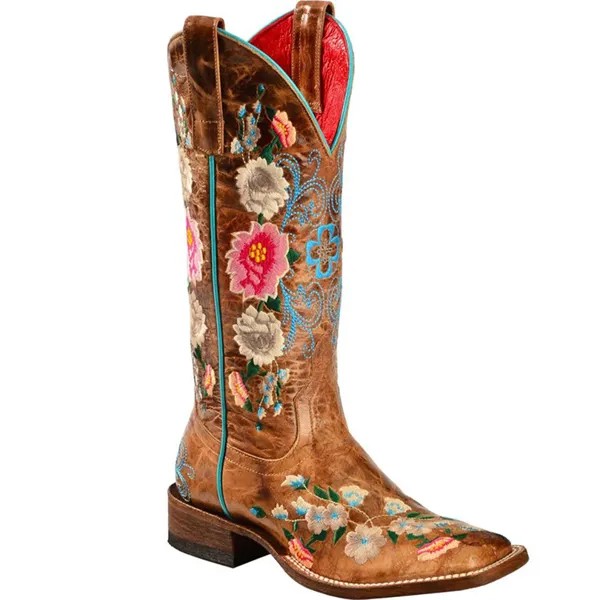 Женские ковбойские ботинки без шнуровки, повседневные мексиканские ботинки с цветочным принтом, размер 45, Осень-зима 2022