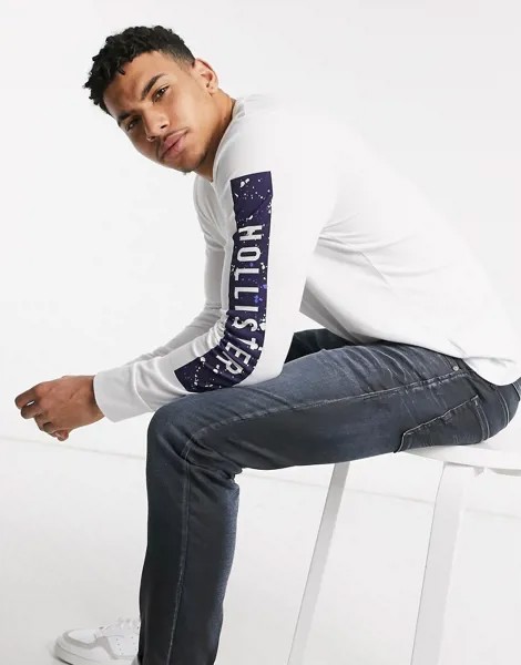 Белый лонгслив с логотипом Hollister